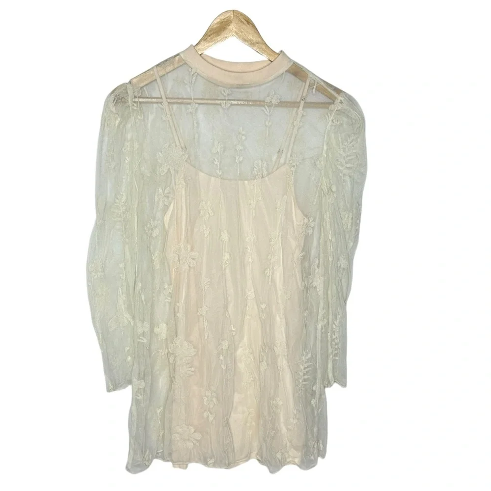 Free People Cecelia Sheer Lace Mini Dress pale pink/ ivory small - Picture 4 of 13